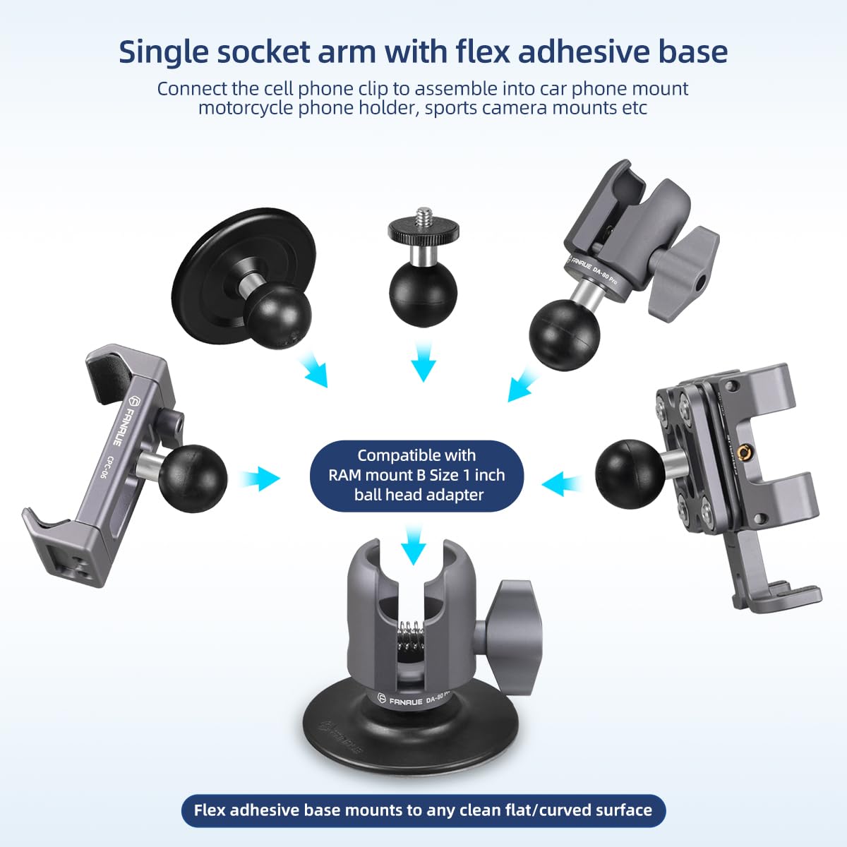 Fanaue Sc 0380P Single Socket Arm Flex Holder Adhesive Base For Ram Mounts 1 Inch Ball Head And Motorcycle Phone Mount, Vhb Stic